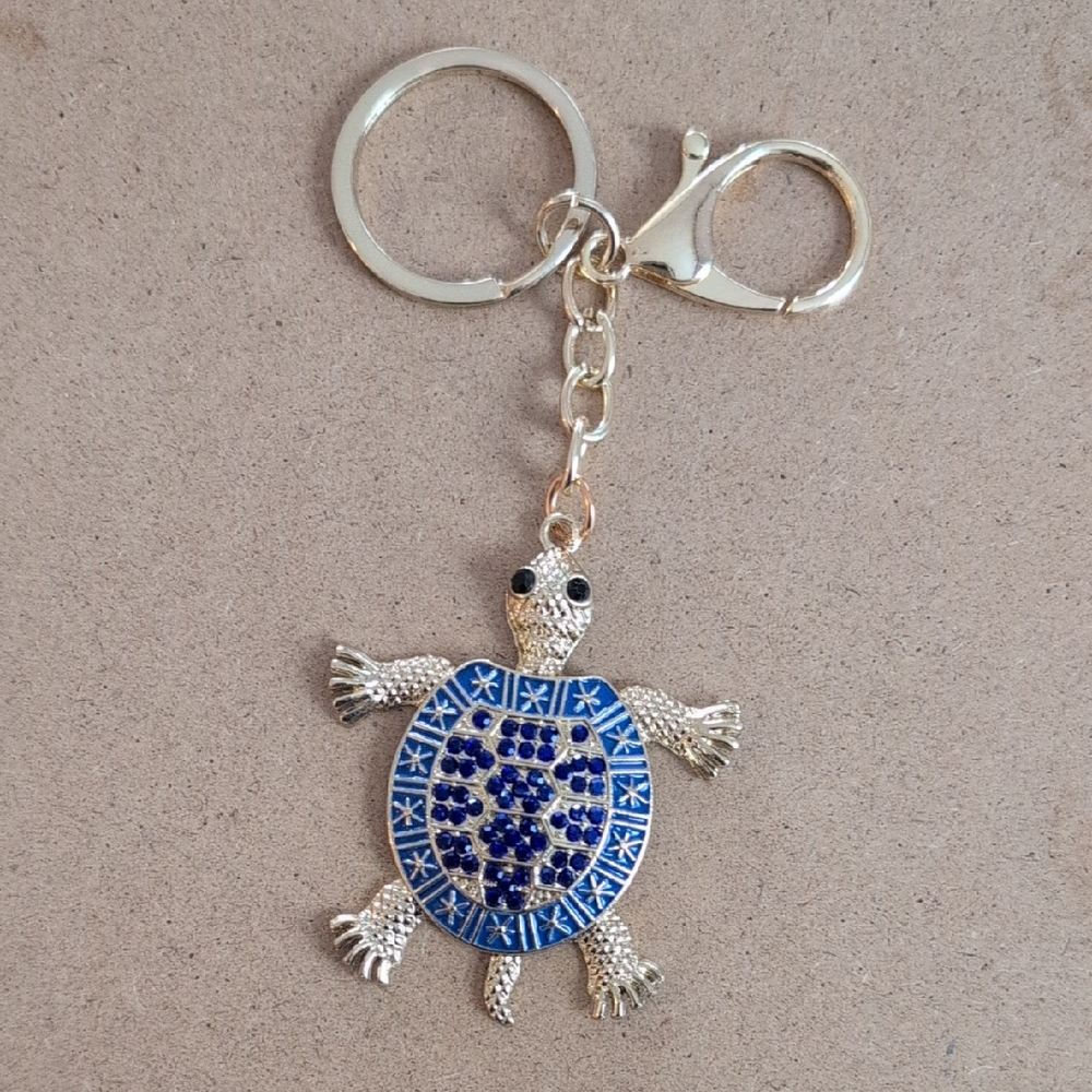 Gold Turtle Keychain Bag Charm with Blue Enamel and Rhinestones